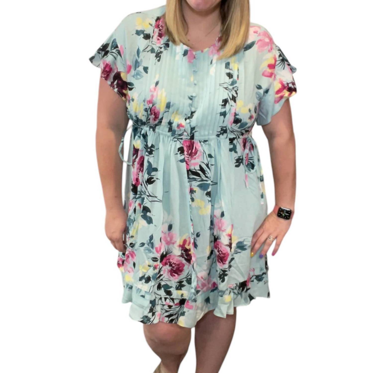 New White Birch Floral Pintuck Dress In Sage Green
